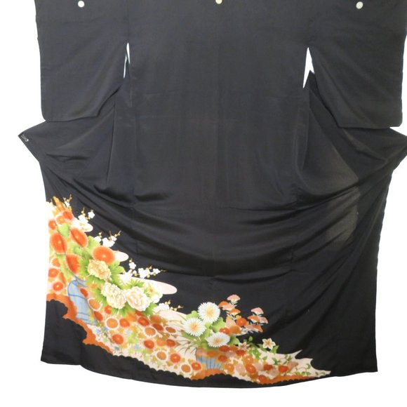 Japanese Kimono Silk Houmongi Vintage Black Multi Floral Copper Metallic 62 inch - Picture 14 of 16
